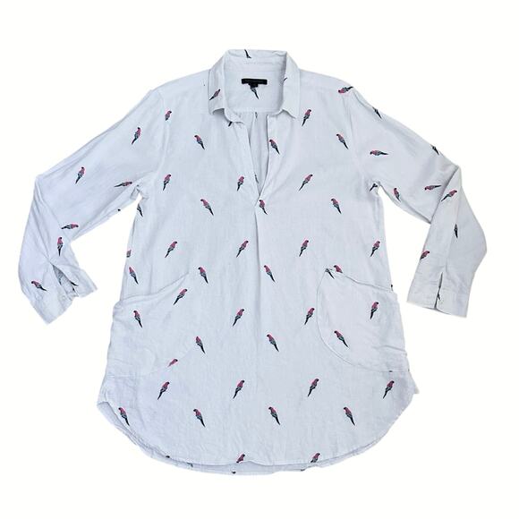 For Cynthia Linen Blend Tunic Top Women M White Parrot Bird Print Resort - Picture 1 of 7